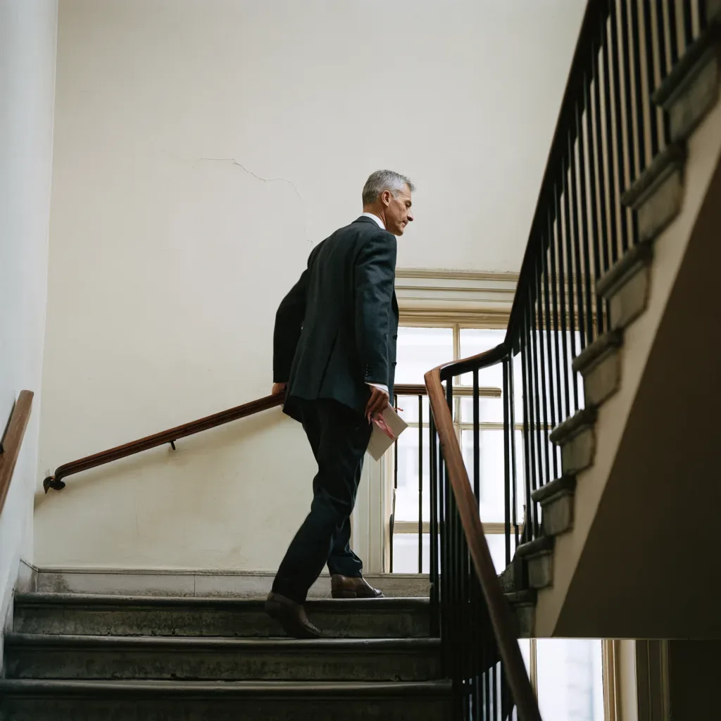 Lawyer climbing a stone staircase carrying documents