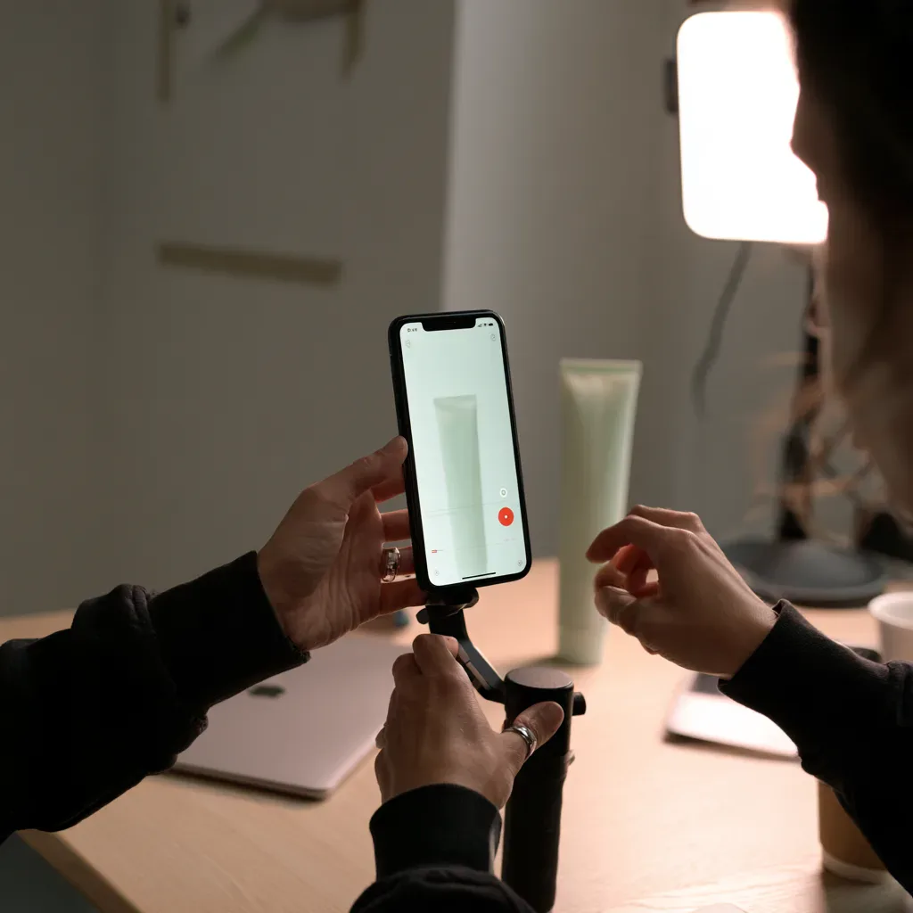 Hands filming a product on a phone gimbal